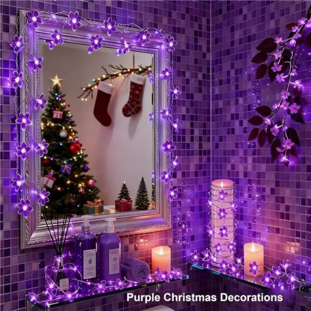 Purple Flower String Lights 33ft 100 LED Plug In Indoor Outdoor Bedroom Wedding